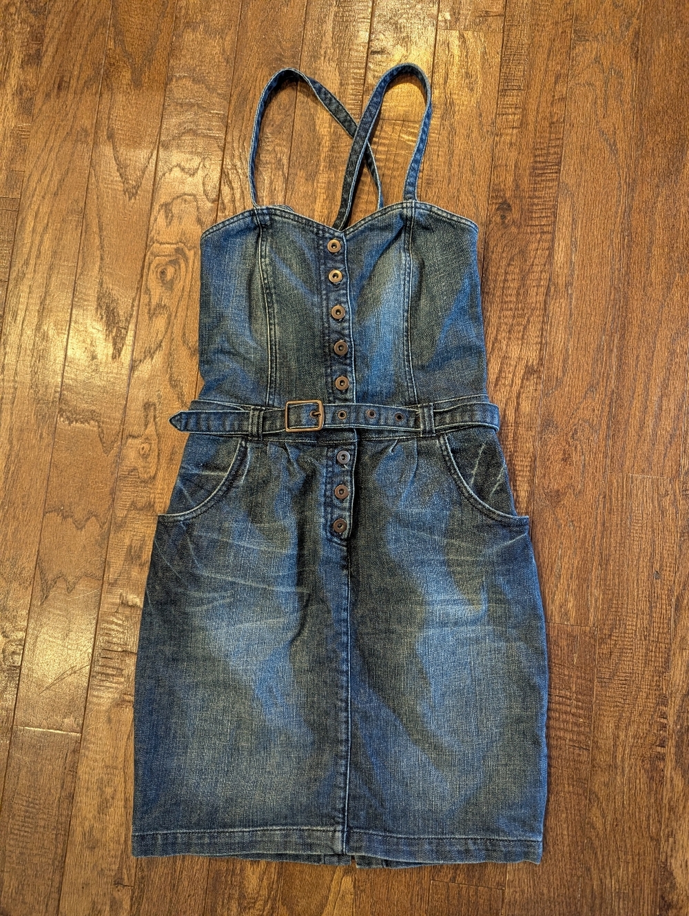 Y2K Denim Pinafore Mini Dress, Sleeveless Button Up With belt & pockets  Sz 4